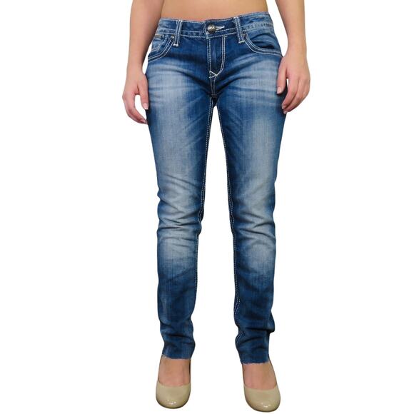 Y2k ReRock for Express Embroidered Pocket Raw Hem Skinny Jeans Size 2 27" - Picture 7 of 9